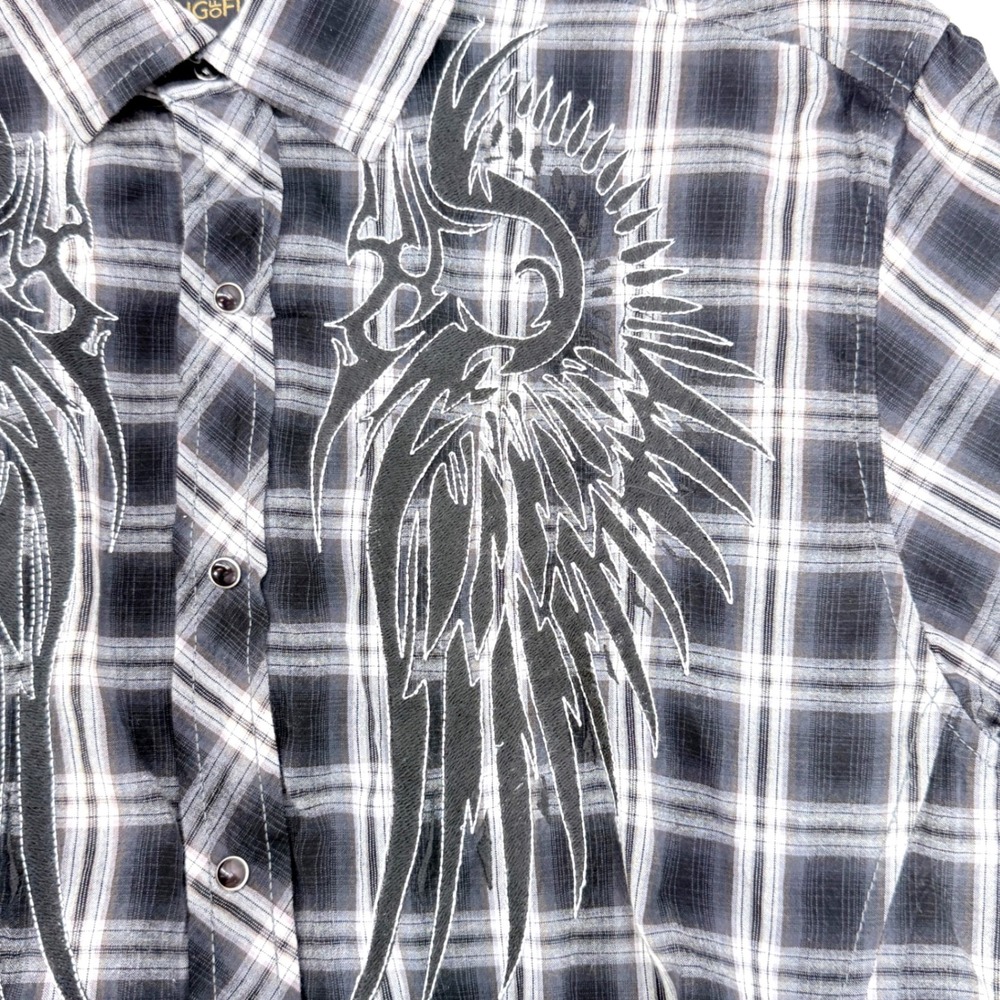 Ring of Fire Shirt Mens Large Black Plaid New Embroidered Wings Snap Button L - Picture 4 of 11